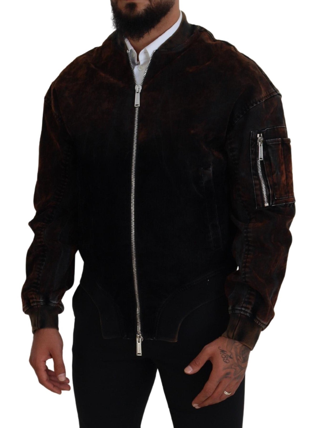 Fermuarlı cepli kollu Dsquared² kahverengi pamuklu bomber ceket